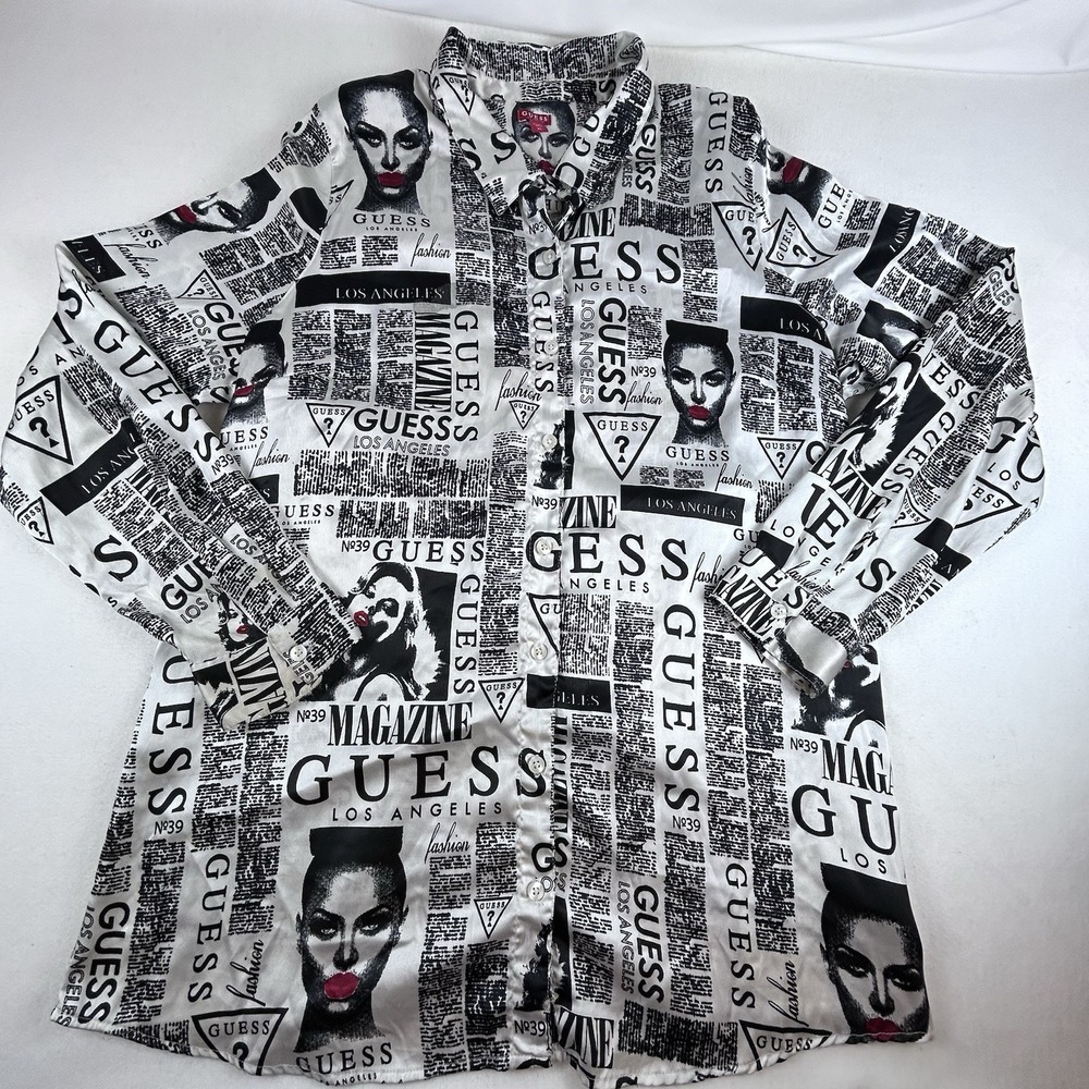 Guess Los Angeles Womens Newspaper Print Blouse White Black Long Sleeve Size XL